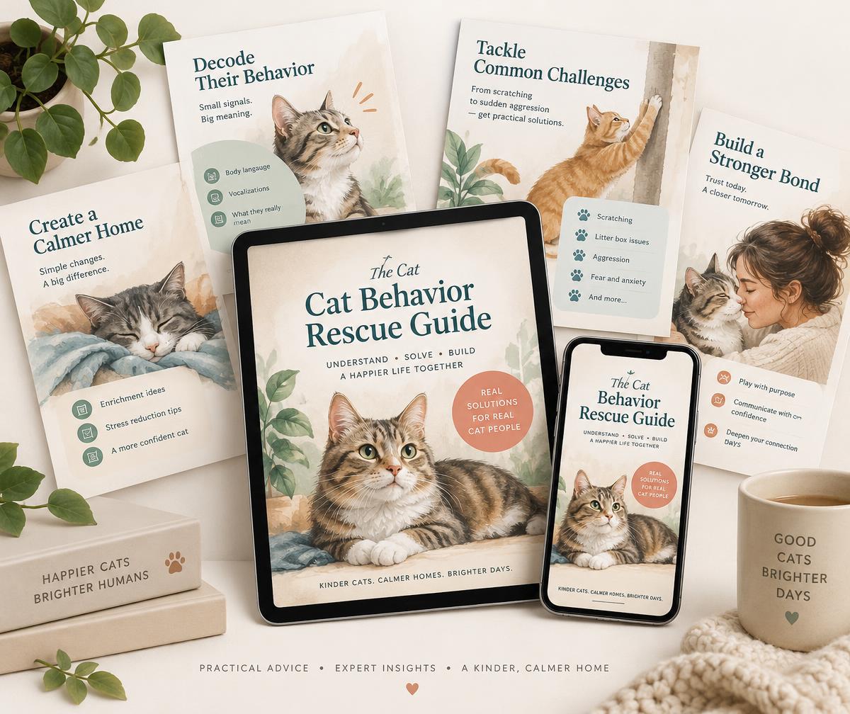 The Cat Behavior Rescue Guide on tablet and phone with sample pages